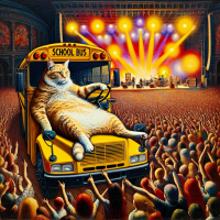 Garfield driving a school bus in a rock concert, Painting by Leonardo Da Vinci