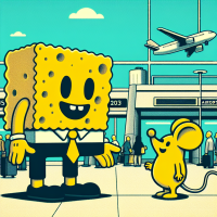 SpongeBob SquarePants talking to a mouse in an airport, 1960s Cartoon