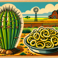 A cactus sitting next to onion rings in a farm, 1960s Cartoon
