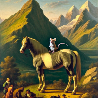 A mouse riding on a horse in a mountainside scene, Painting by Rembrandt