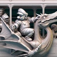 Super Mario dressed as a medieval knight riding a pterodactyl in the back of a bus, Baroque painting