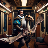 Super Mario dressed as a medieval knight riding a pterodactyl in the back of a bus, Baroque painting